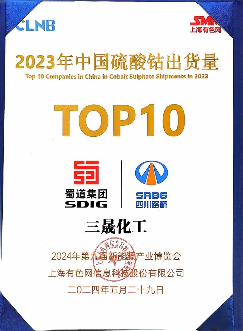 TOP10！矿业集团浙江三晟公司荣登SMM中国硫酸钴出货量榜单